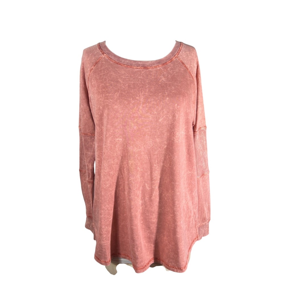 Like Love Womens Coral Acid Wash Raglan Long‎ Sleeve Top JOE1-124 Small